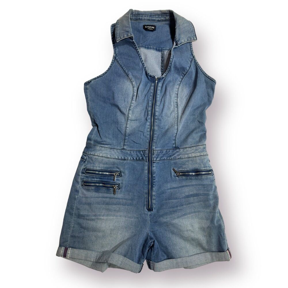 Bebe y2k Denim Jean Romper size 30 Pocketed Zippered Romper Stylish Vintage